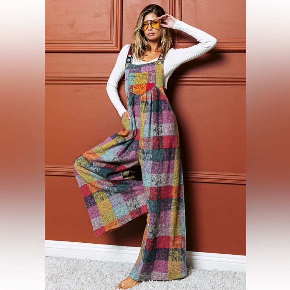 VINTAGE BRUSHED MULTI CHECKERED AND PLAID BOHO OVERALLS JUMPSUIT - Picture 8 of 8
